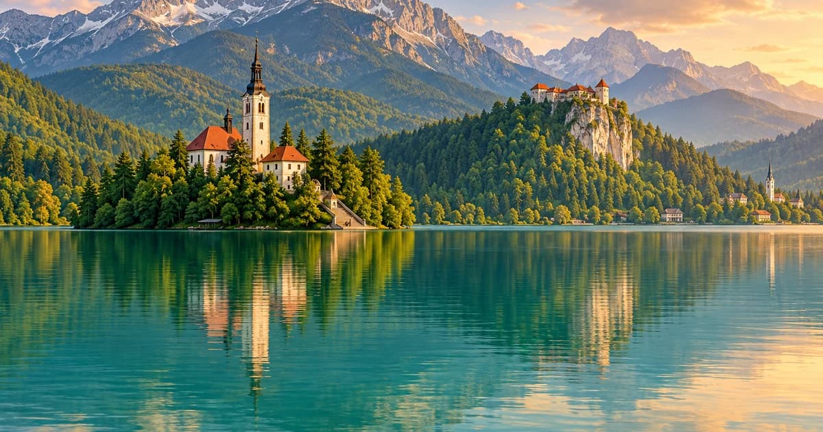 Illustration of an Alpine lake with a small island church below wooded mountains