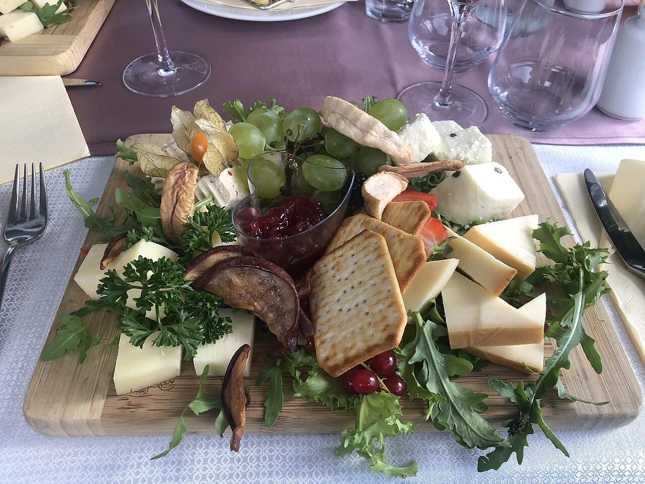 A cheese board at a restaurant at Lake Bled.