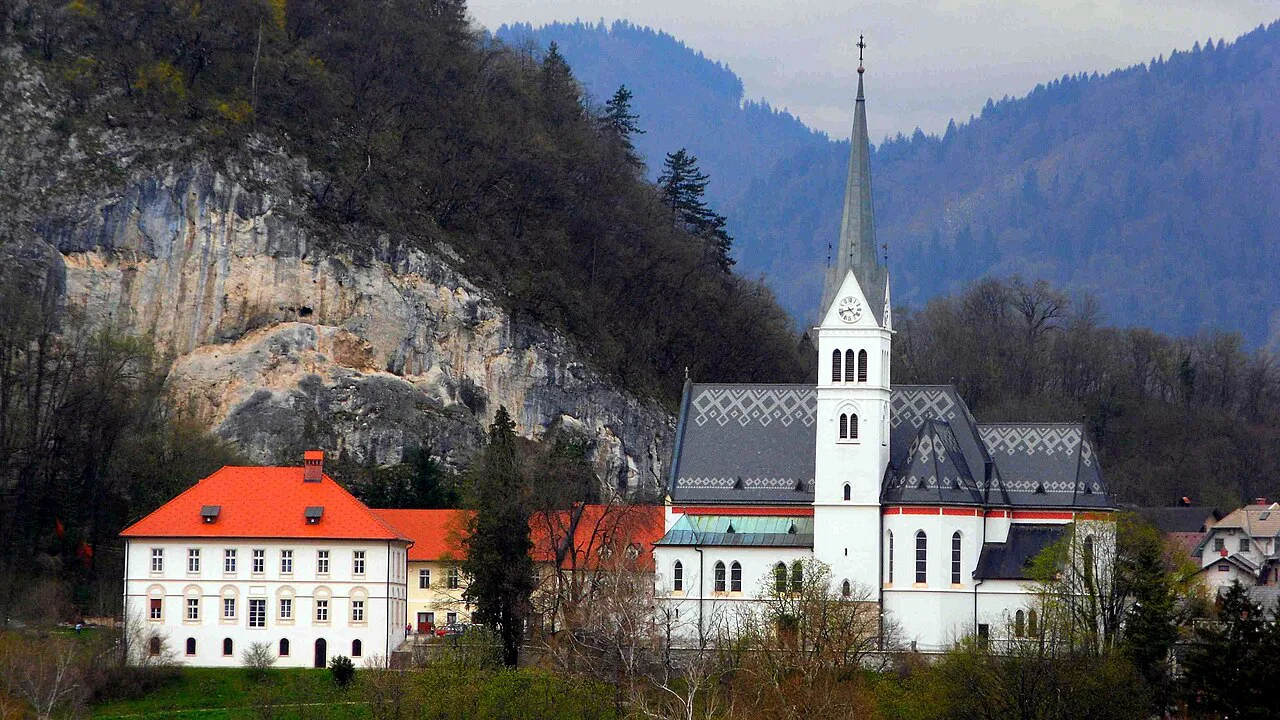 St Martin's Church below the cliff in Bled.