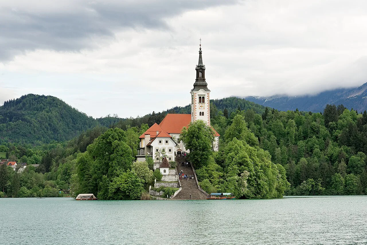 The church and stairway on Bled Island.