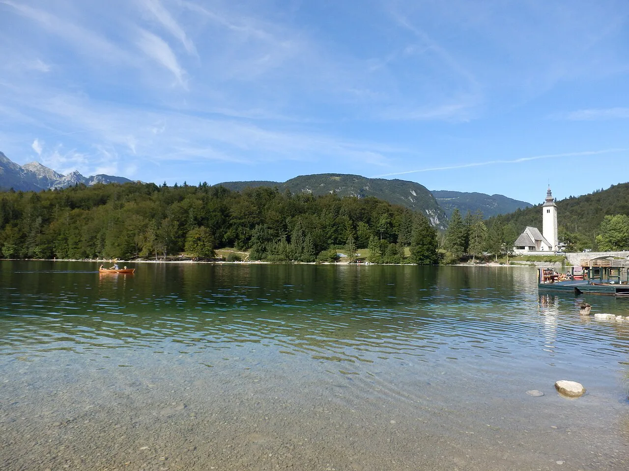 The shore at Ribčev Laz on Lake Bohinj.