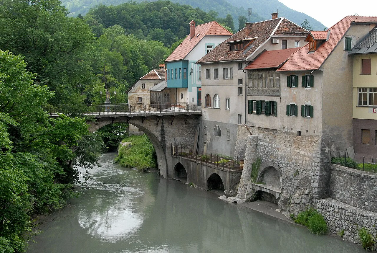 The Capuchin Bridge and the old town houses of Škofja Loka.