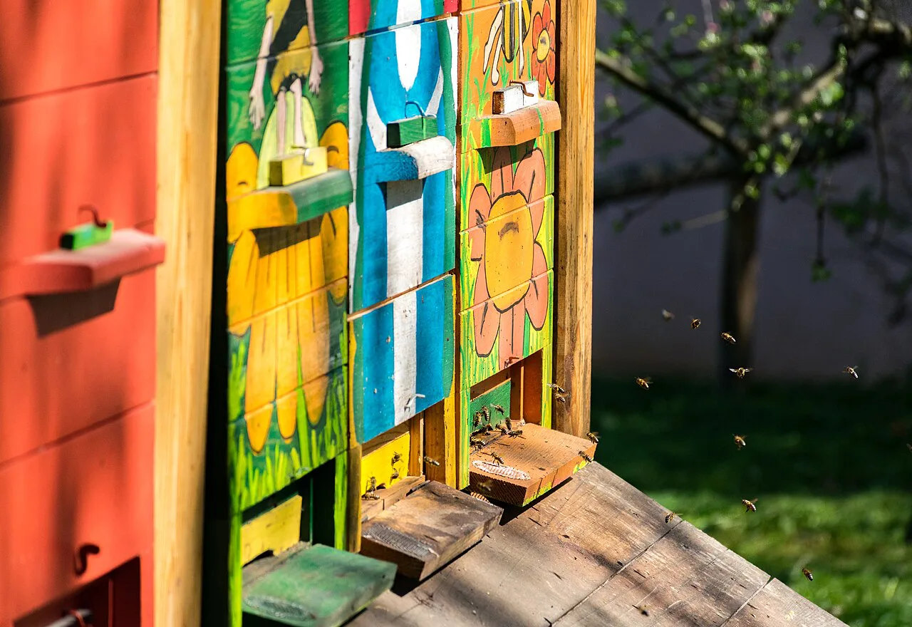 A painted beehive.
