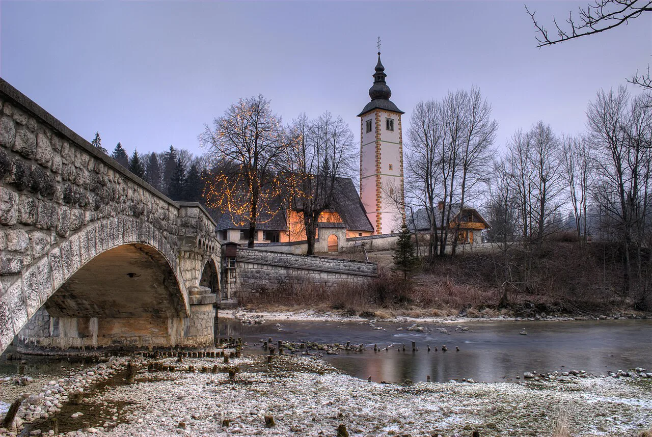 The Church of St John the Baptist and its bridge at Lake Bohinj.