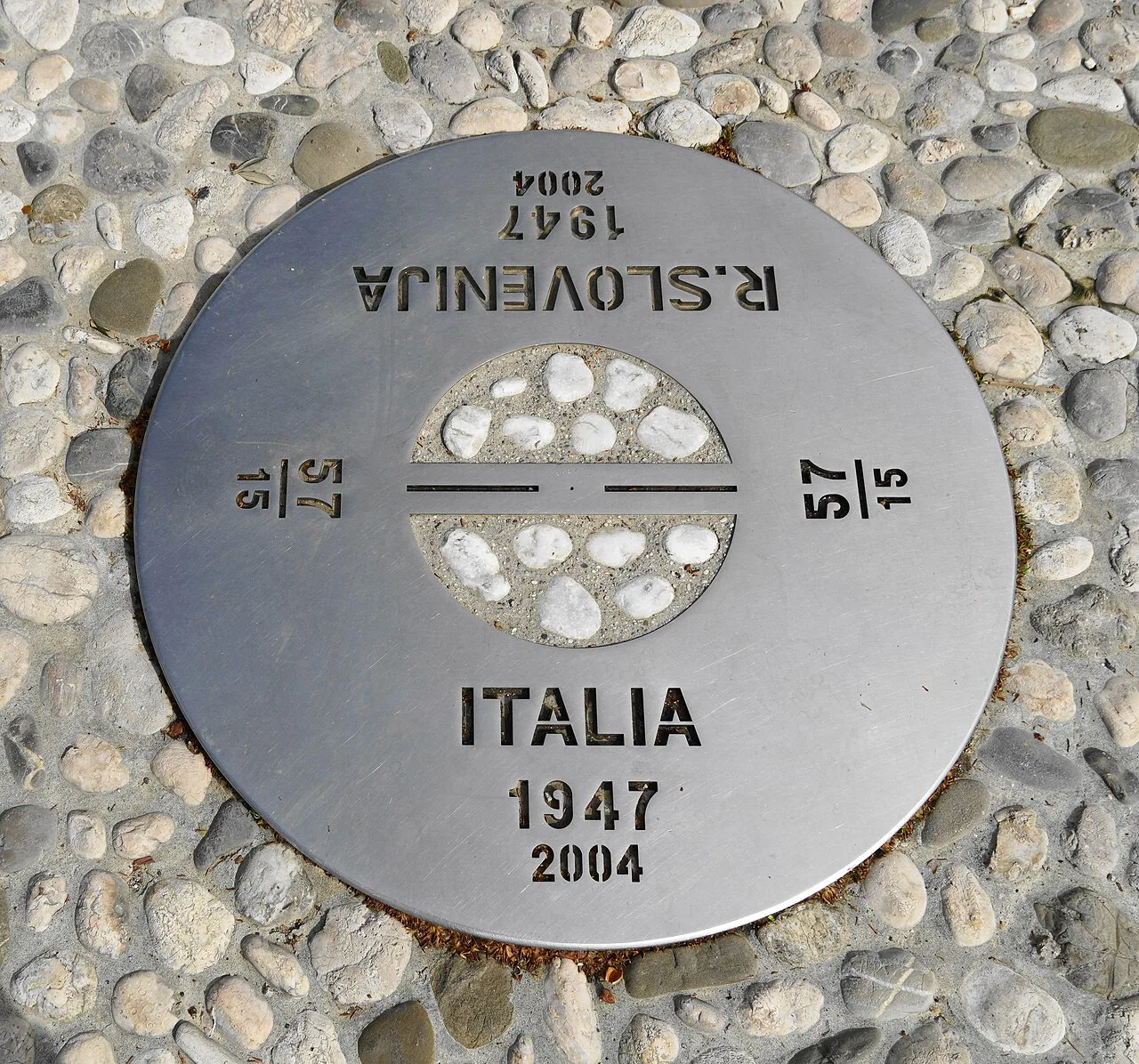 The 1947 border marker set into Trg Evrope.