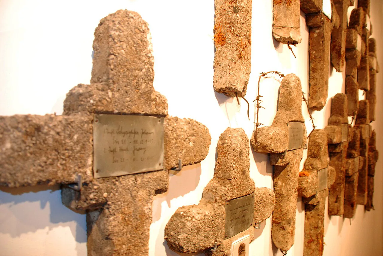 Grave crosses displayed in the Kobarid Museum.