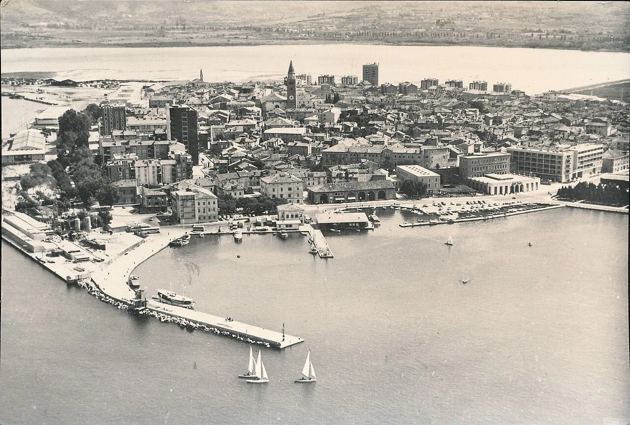 Koper's old town and harbor on an old postcard, across the bay from Ankaran.