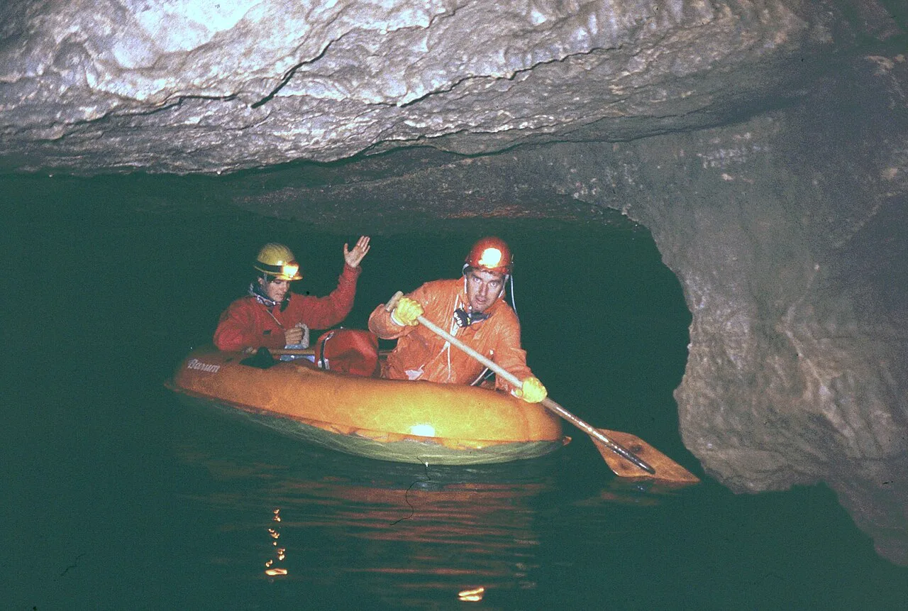 A boat on an underground lake in Križna jama.