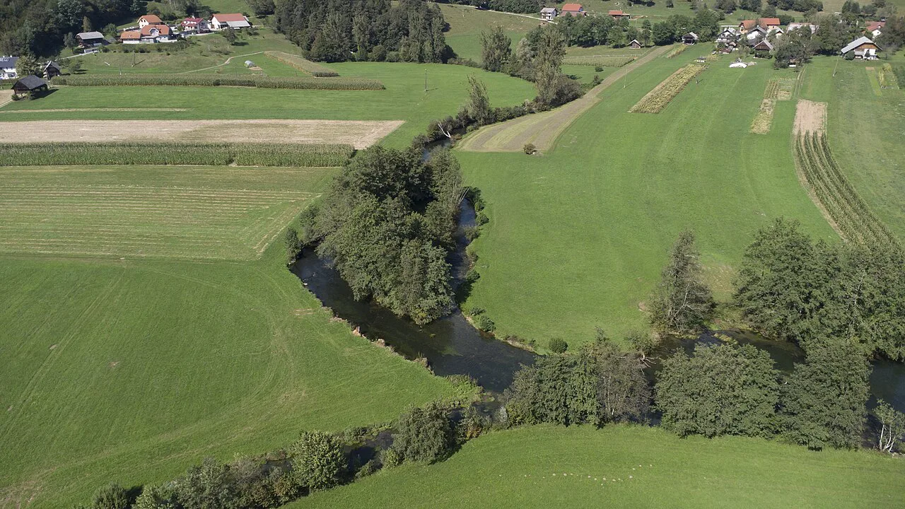 The young Krka near its spring, from the air.