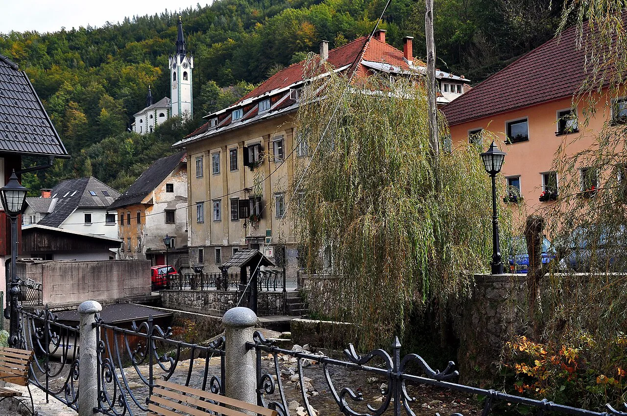 Kropa and the Kroparica stream, with the parish church above.