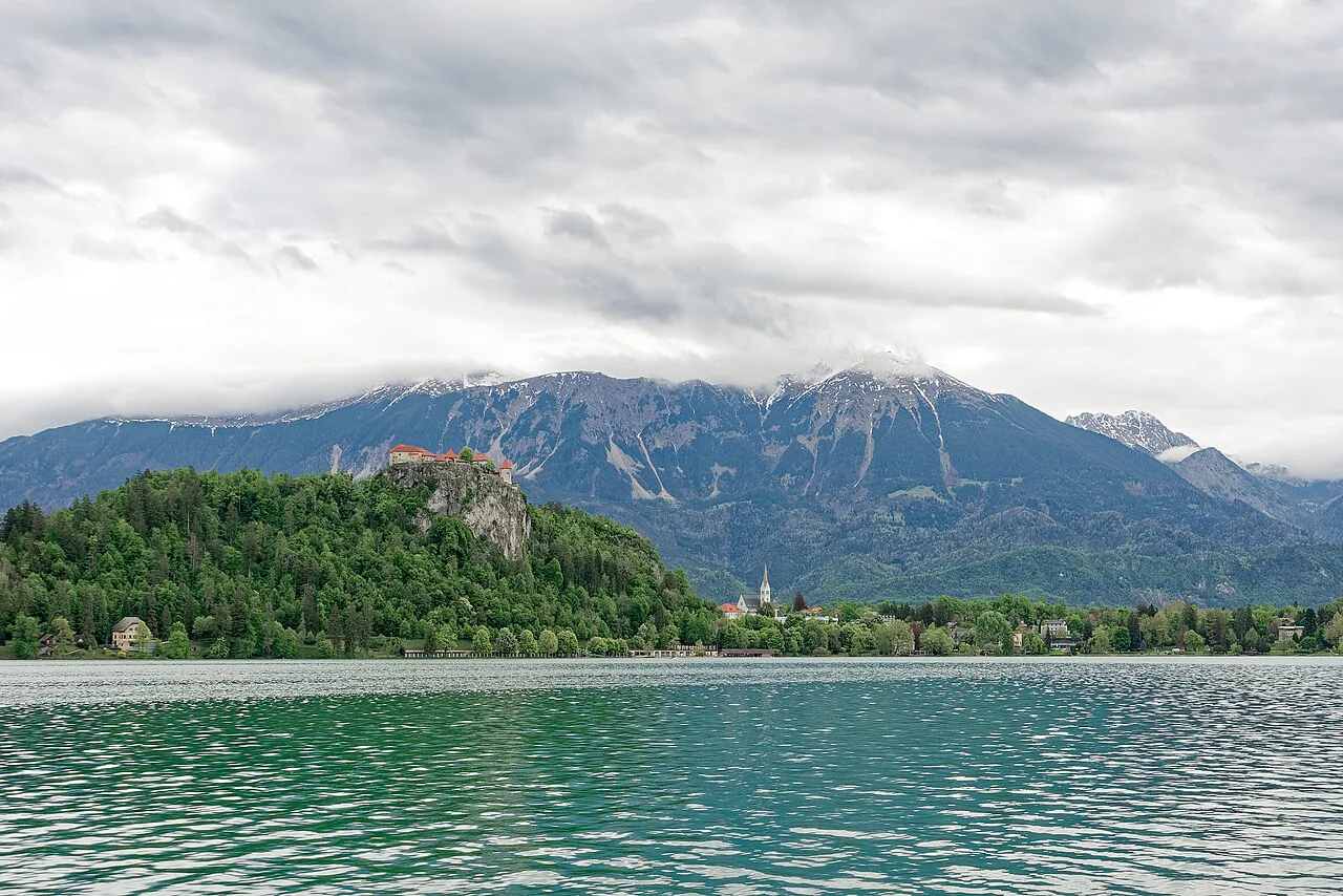 Lake Bled below the mountains.
