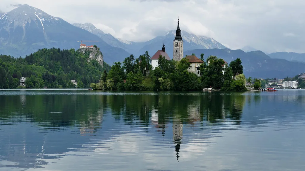 Bled Island and the castle on a calm day.