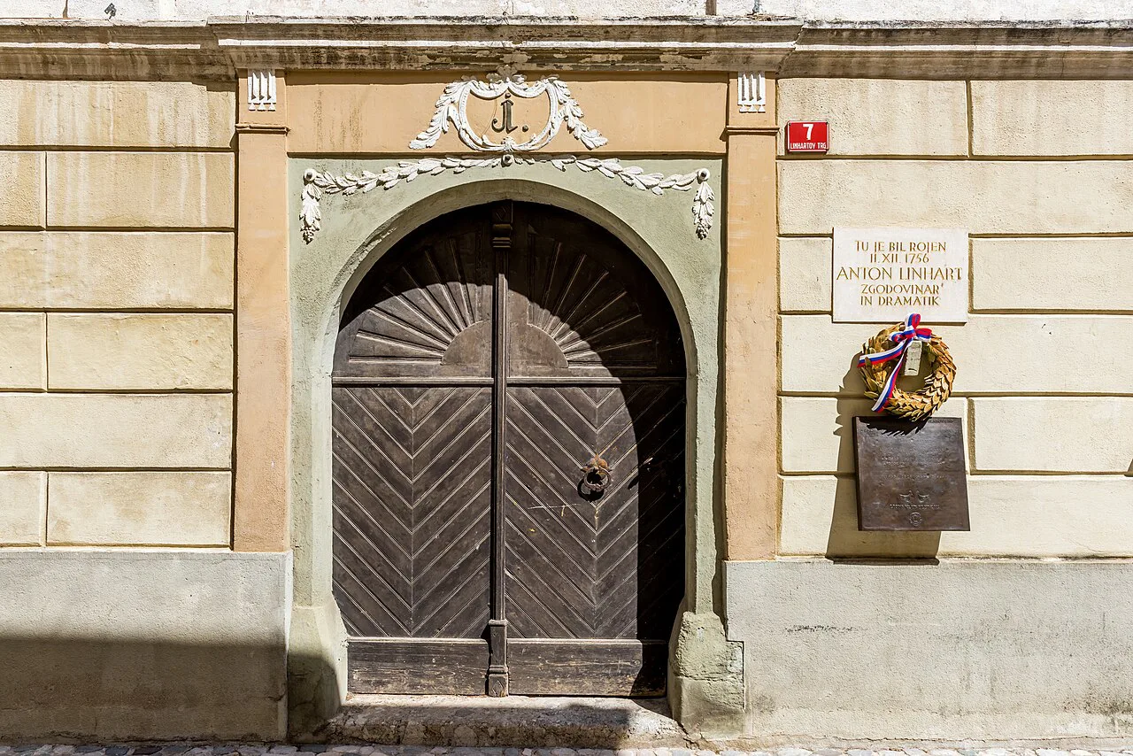 The doorway of Anton Linhart's birthplace on Linhart Square.