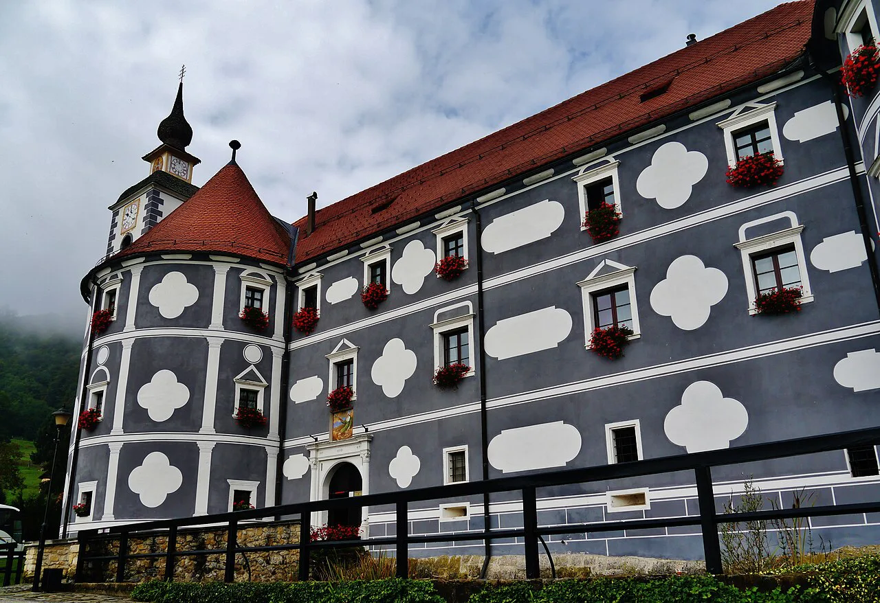 The painted facade of the Olimje monastery.