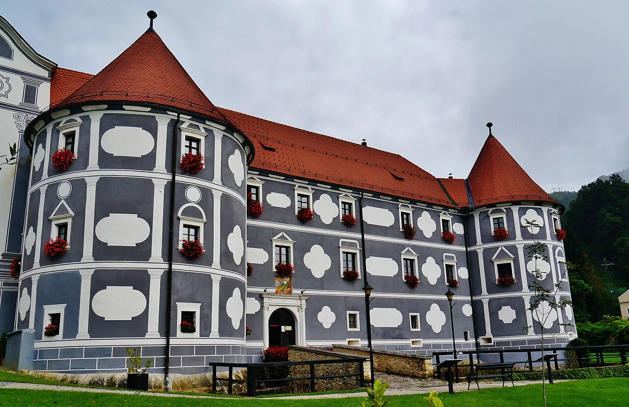 Olimje monastery with its corner towers.