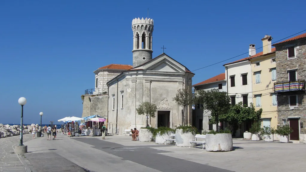 The Church of Our Lady of Health on the Piran waterfront.