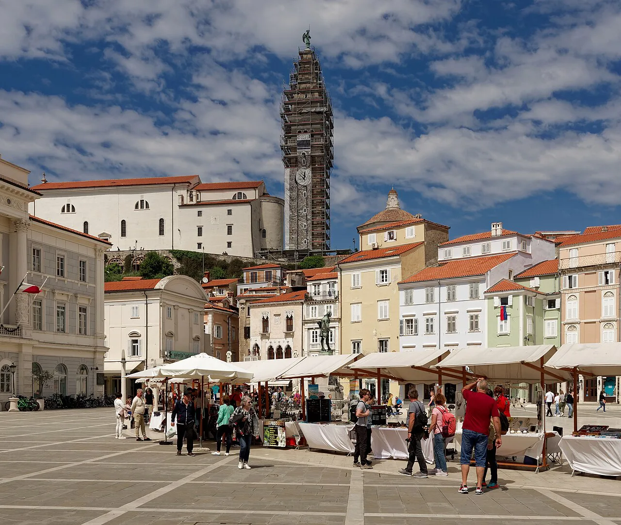 Market stalls on Tartini Square in Piran.