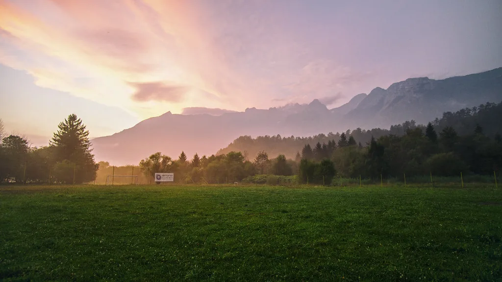 Dawn over a meadow in Triglav National Park.