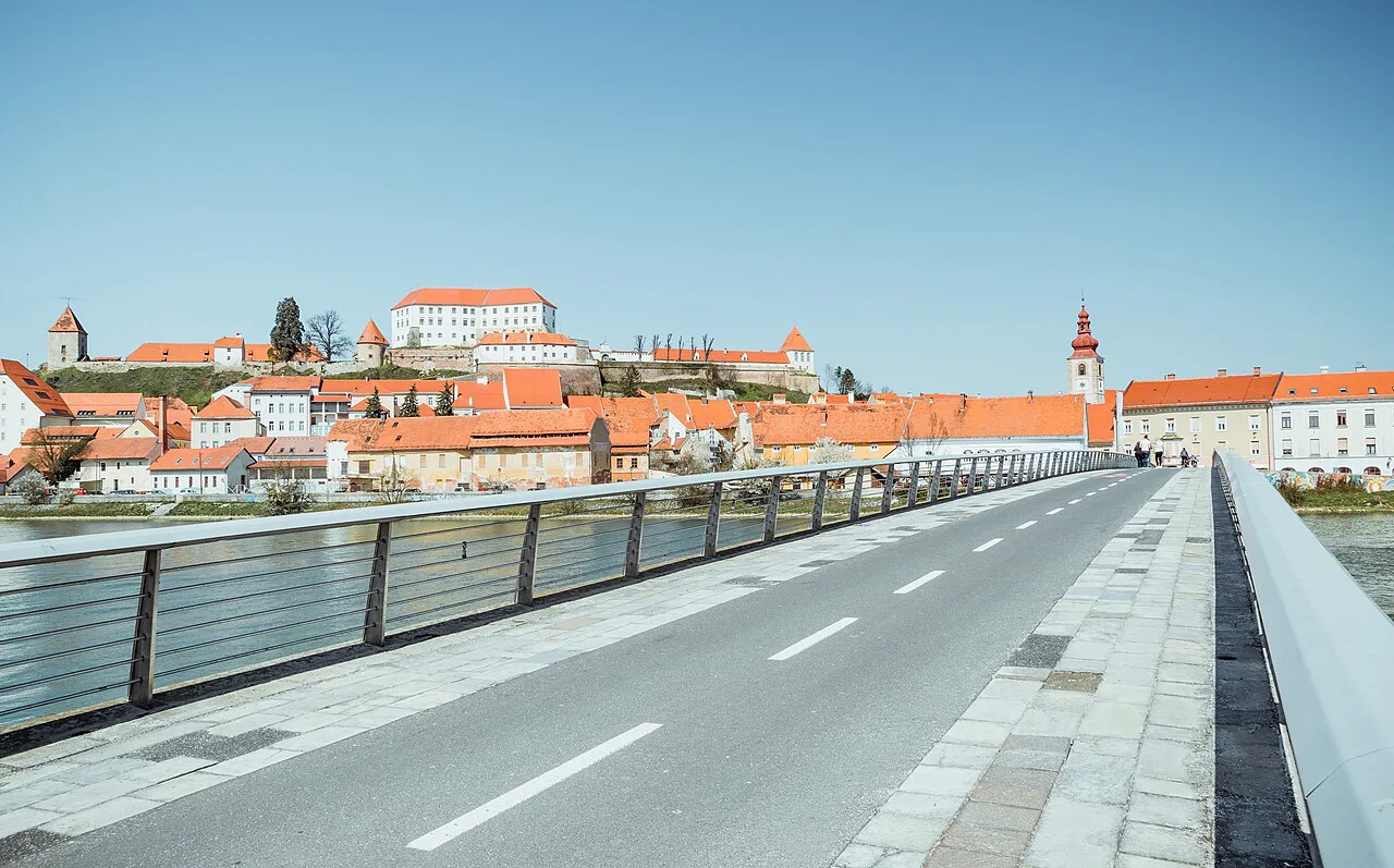 Ptuj Castle and the old town from the riverside.