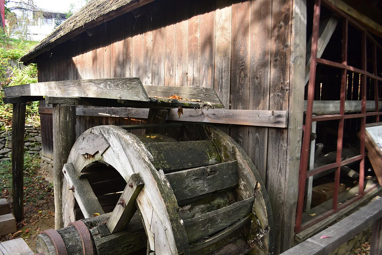 The water wheel of an old seed-oil mill.