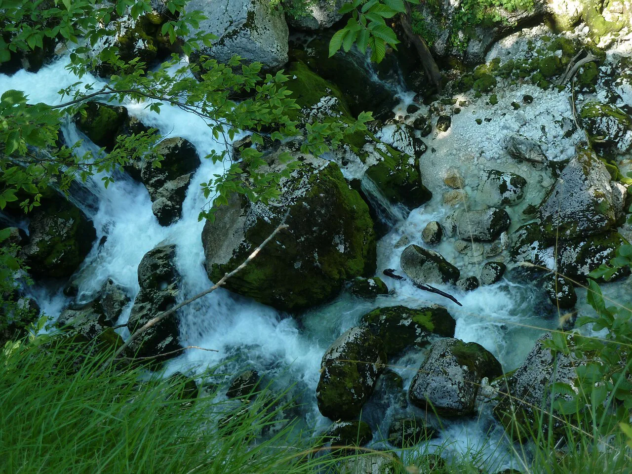 Water tumbling over rocks below the Savica waterfall.