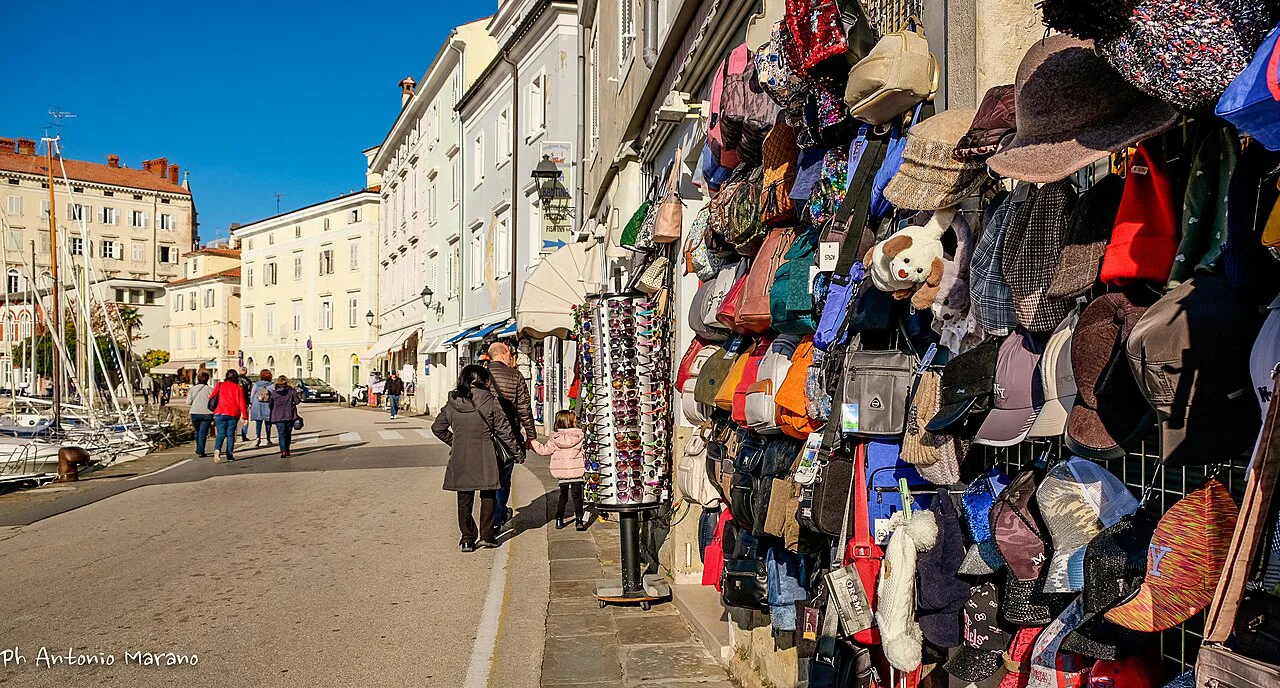 A hat stall on the Piran waterfront.
