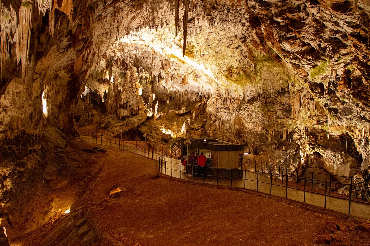A lit gallery in Postojna Cave.