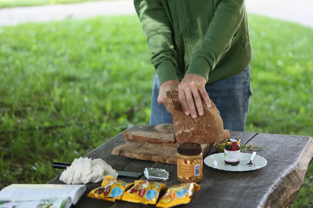 Bread and spreads laid out for breakfast.