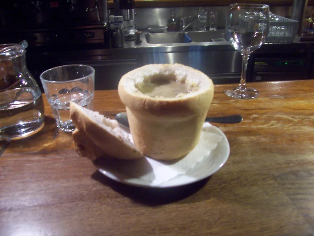 Mushroom soup in a bread bowl, a Slovenian bakery lunch.