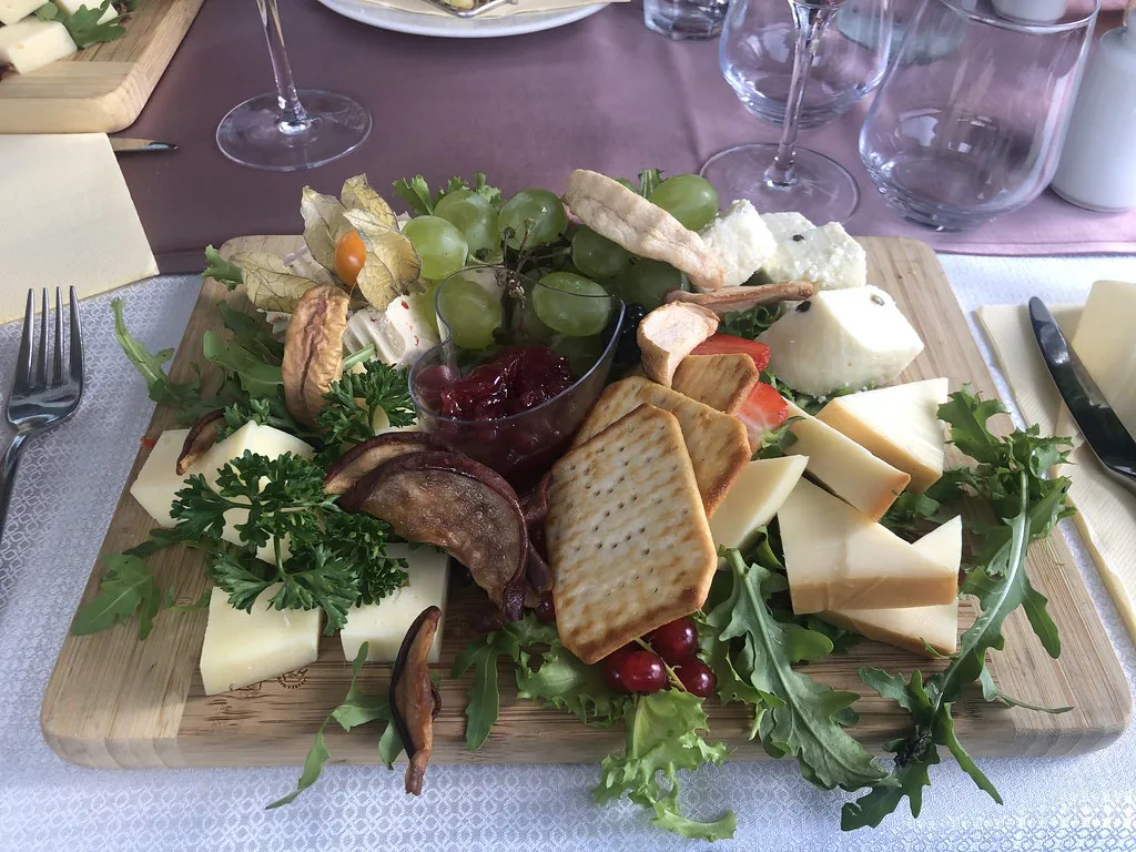 A cheese board at a restaurant at Lake Bled.
