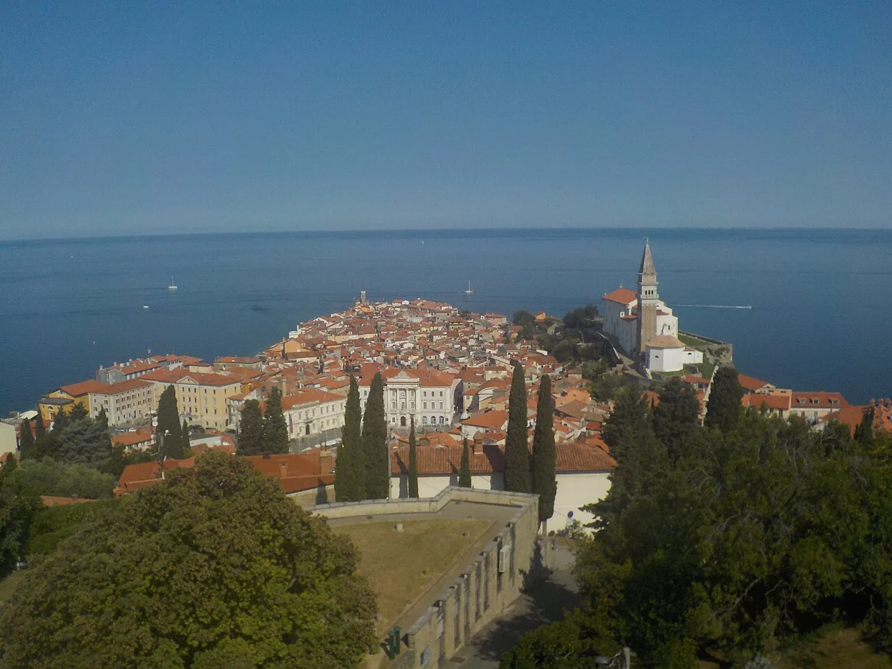 Piran on its peninsula, from above.