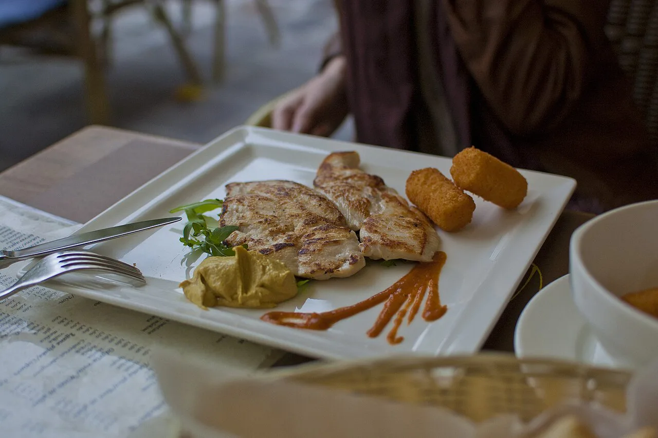 A Slovenian main course of meat with croquettes.