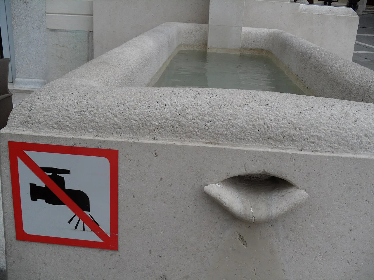 A Slovenian no-drinking-water sign on a fountain.