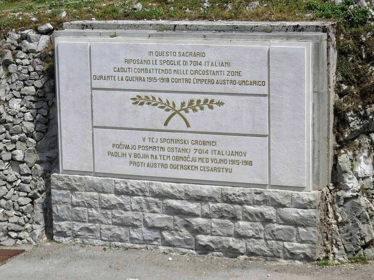 A memorial plaque at the Italian Charnel House in Kobarid.