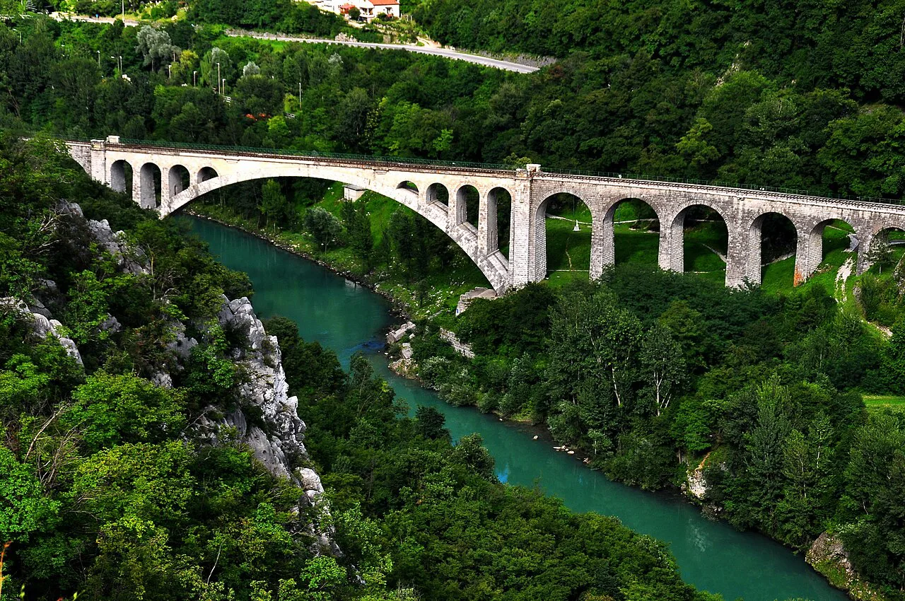 The stone arch of the Solkan railway bridge.