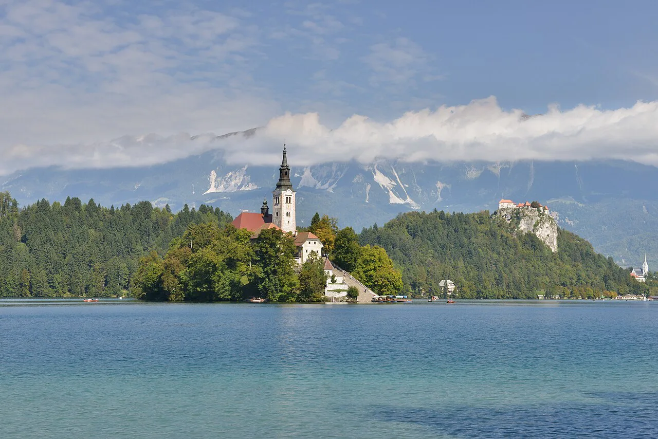 The church on Bled Island, with Bled Castle on its cliff behind.