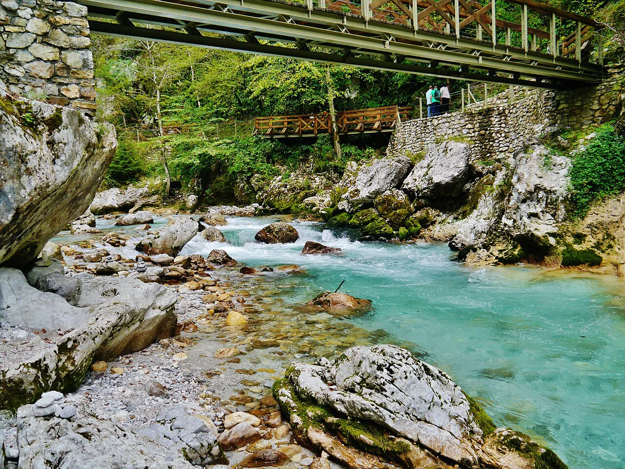 A footbridge over the Tolminka in the Tolmin Gorges.