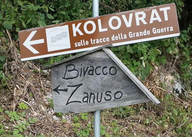 A signpost to Kolovrat on the Isonzo front route above Tolmin.