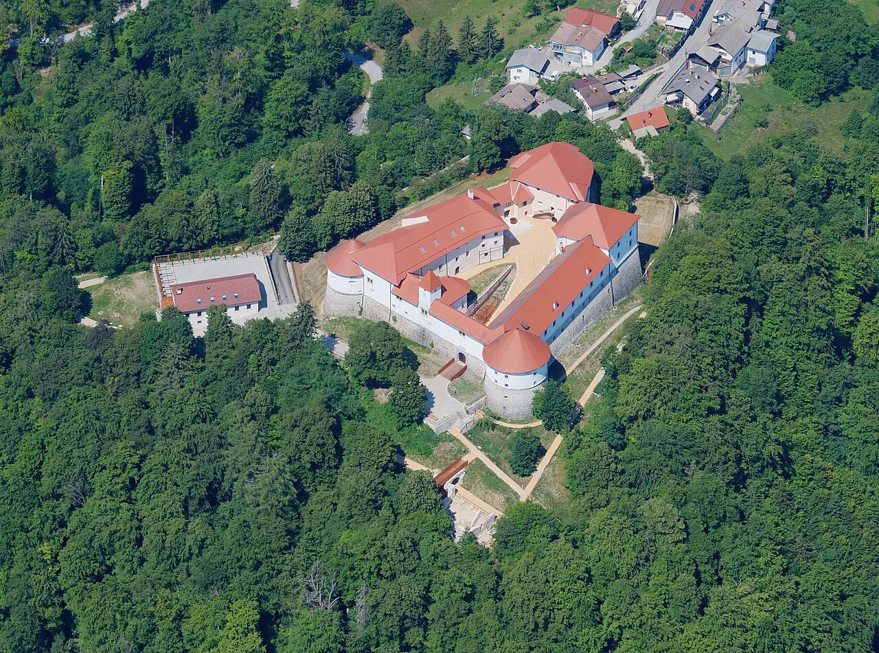 Turjak Castle from the air.