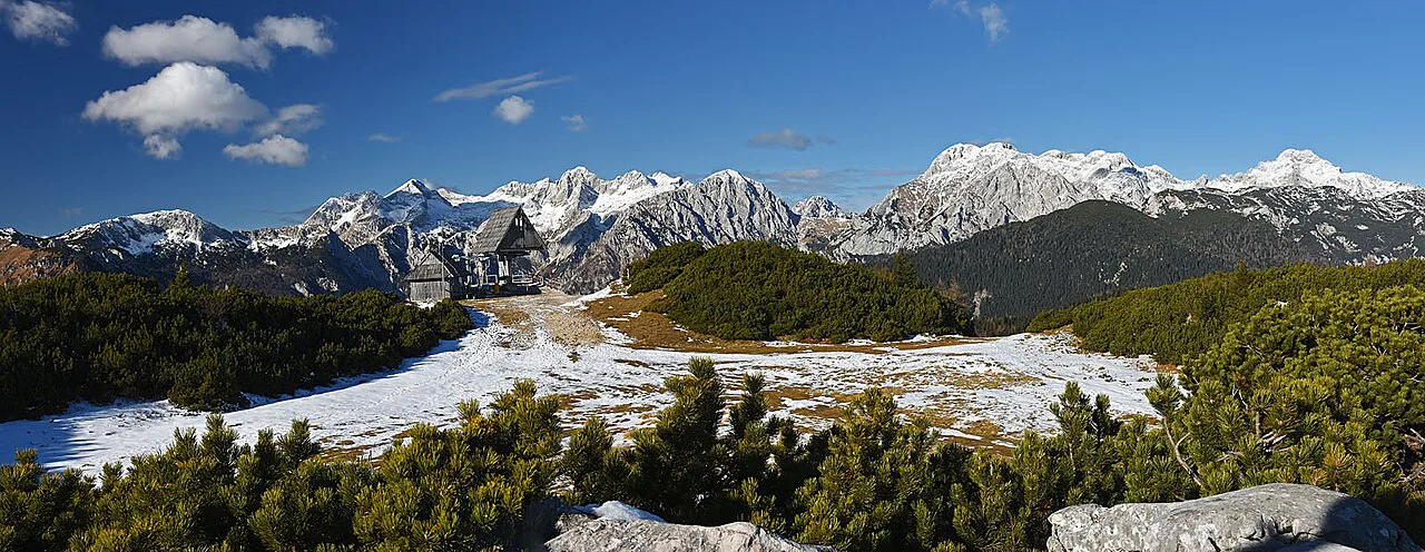 Velika Planina with the Kamnik Alps behind.