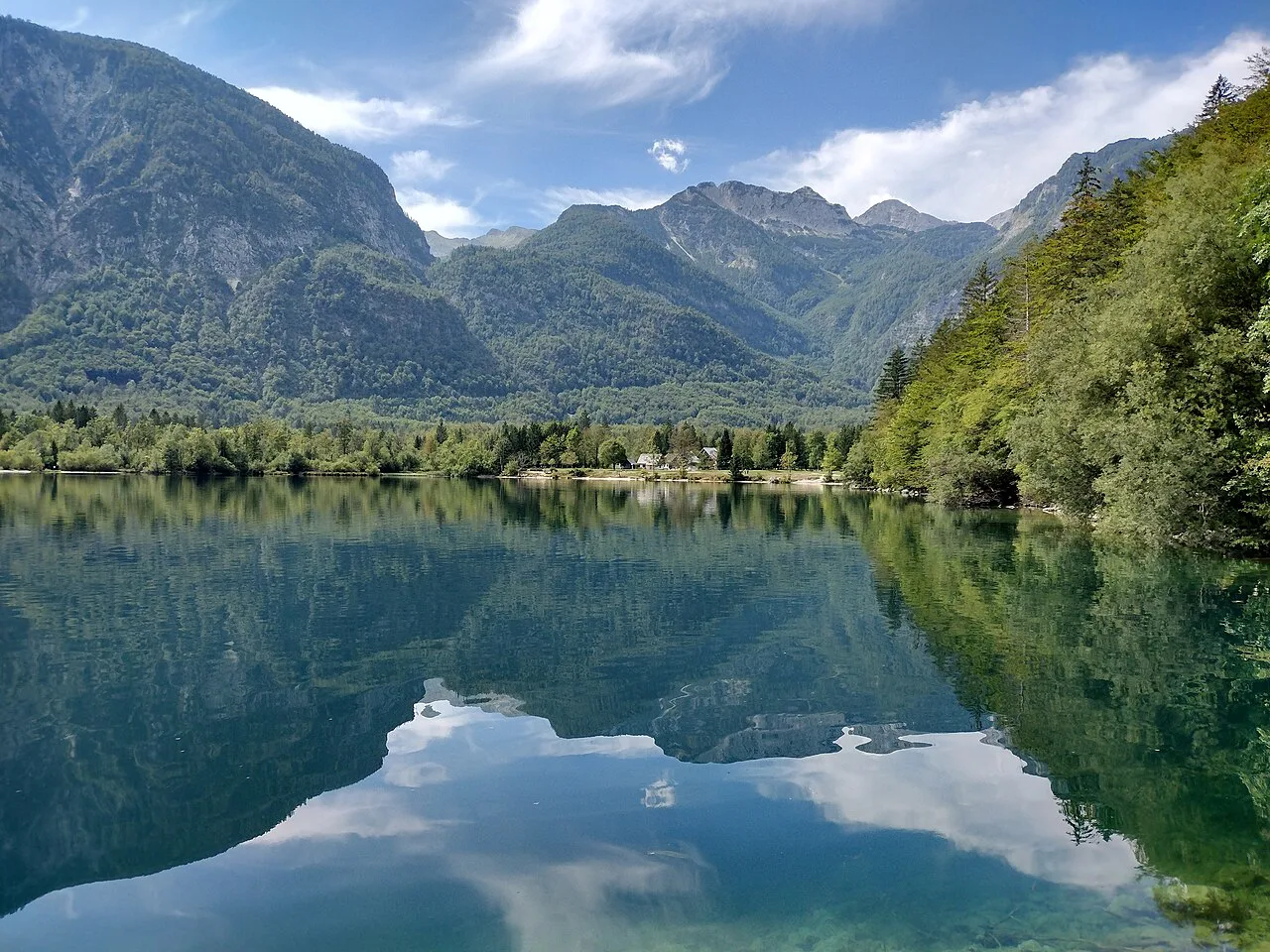 Lake Bohinj reflecting the mountains.