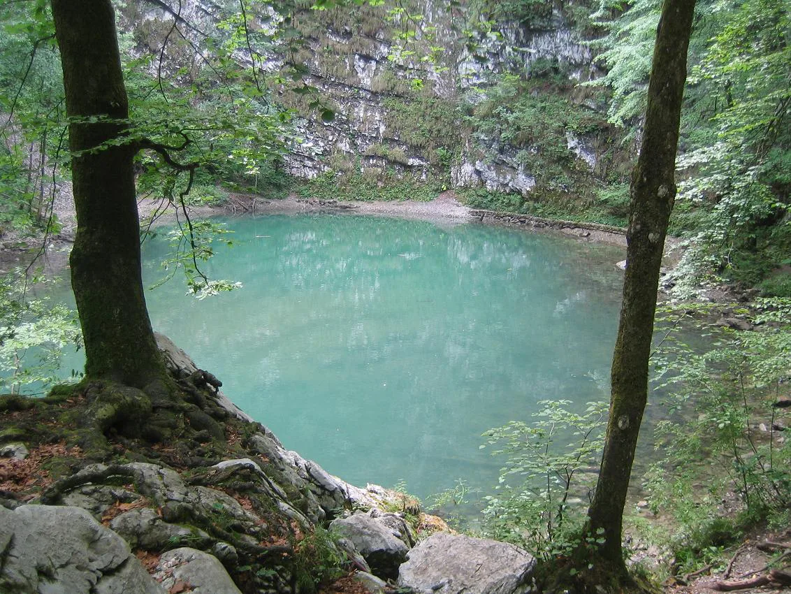 The green water of Divje jezero near Idrija.